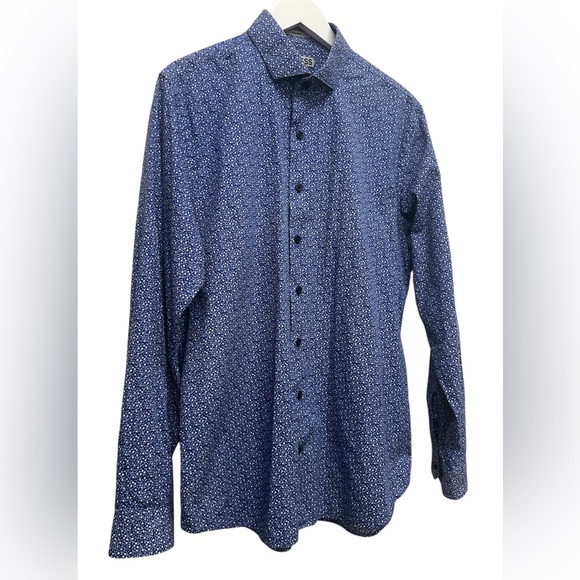Express Fitted Shirt Mens Sz L 16-16.5 Blue W/White Flower Button Up Long Sleeve - Picture 2 of 5